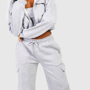 Ensemble de survêtement gris à capuche pour femme, manches longues, coupe ample, décontracté, pour l'automne, avec poches latérales, taille élastique, 100 % coton - Product Image 4
