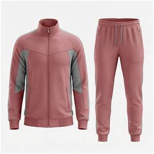 Unisex <b>Pink</b> <b>Tracksuit</b> <b>Set</b> Full Sleeve Stand Collar Zipper Front Color Blocking Side Pockets Breathable Casual Autumn Wear - Product Image 1