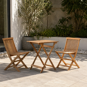 Ensemble bistrot d'extérieur en teck massif, 3 pièces, table de jardin pliante avec 2 chaises à lattes pliables - Product Image 1