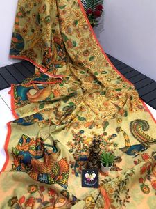 Sari indio tradicional de lino con estampado digital y estampado Kalamkari, ropa étnica elegante para fiestas, bodas y ocasiones festivas para mujeres. - Product Image 6