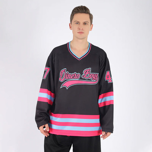 Wholesale Custom Ice Hockey Jersey V-Neck Full Sleeve Sublimated Print Teams Logo <b>Black</b> Pink Blue Mesh Adult Unisex Apparel - Product Image 6