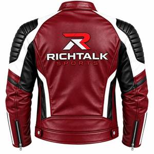 Blouson de moto en cuir pour homme, rouge, noir, blanc, color block, col montant, fermeture éclair, style motard - Product Image 2