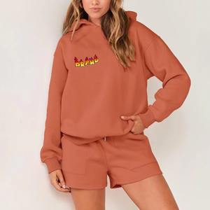 Conjunto de Sudadera con Capucha y Pantalones Cortos de 2 Piezas para Mujer, con Apliques Bordados, Parches Desgastados, Logotipo Personalizado, Lavado Ácido, Estilo Vintage - Product Image 1