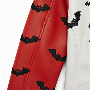 Chaqueta de Cuero Roja y Blanca Personalizada para Hombre, Estilo Motero, con Parche Bordado de Gato Vampiro y Murciélago, Ropa Urbana, Chaqueta de Moto, Venta al Por Mayor - Product Image 4