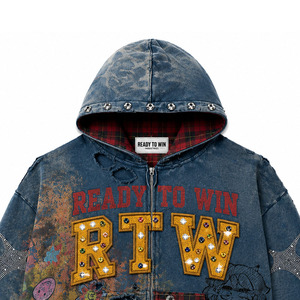 Chaqueta Vaquera con Capucha y Cremallera para Hombre, Estilo Streetwear con Parches de Pedrería, LISTA PARA CONQUISTAR - Product Image 4