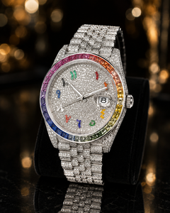 Reloj Citizen Clásico de Lujo con Esfera de Moissanita VVS Totalmente Incrustada, Bisel de Baguette Arcoíris, Números Arábigos Coloridos y Fecha - Product Image 2