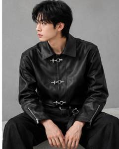 เสื้อแจ็คเก็ตหนัง PU สีดำสำหรับผู้ชาย สไตล์นักขี่มอเตอร์ไซค์ คอปกแบบคอกลม ติดกระดุม ซิปด้านหน้า แขนเสื้อแบบมีฮู้ด สตรีทแวร์ เสื้อโค้ทสำหรับฤดูใบไม้ร่วง - Product Image 5