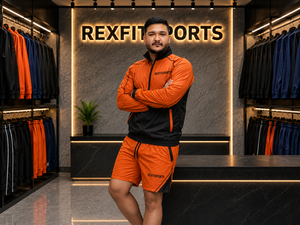 REXFIT SPORTS 2026 Ensemble veste et short en nylon orange et noir pour homme, fermeture éclair intégrale, color block, vêtements de sport, marque privée - Product Image 2