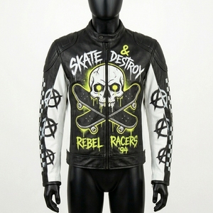 Veste en cuir graphique Skate Destroy Punk Anarchy, style Grim Reaper Graffiti Streetwear Biker Racer, vente en gros - Product Image 1