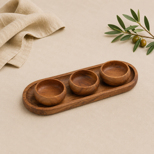 Ensemble de service pour condiments en bois éco-responsable fait main avec 3 bols et plateau rectangulaire, plateau à trempettes en bois d'acacia de qualité supérieure à vendre - Product Image 4