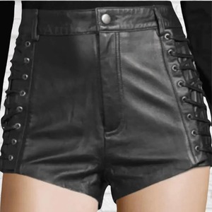 Shorts taille haute en cuir noir faits à la main, style motard, avec lacets, pour clubbing - Product Image 4