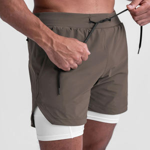 Shorts d'entraînement double couche pour hommes, taille mi-haute, avec compression intérieure en Spandex, extérieur écologique, coupe ample, anti-transpiration, OEM - Product Image 4