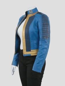 แจ็คเก็ตหนังคอสเพลย์ Fallout สีน้ำเงิน ชุด Vault ทรงเข้ารูปสำหรับผู้หญิง เสื้อคลุมฮาโลวีน แจ็คเก็ตบอมเบอร์ ของขวัญสำหรับเกมเมอร์ ทำด้วยมือ - Product Image 4