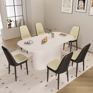 Tavolo da Pranzo in Stile Moderno Medievale da 63 Pollici in MDF Color Crema con Set di Sedie da Pranzo in PU, Piano Assemblabile e Gambe in Metallo Nero - Product Image 3