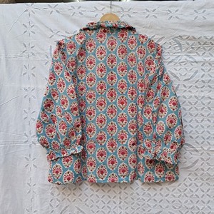 Camiseta de Dormir de Algodón con Estampado Floral y Medallones para Mujer, Manga Larga, con Botones, Suave, Estilo Boho Étnico, Azul y Rosa - Product Image 1