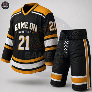 Newest Trendy Team Wear Premium Quality Best Supplier OEM ODM Service Custom Black Gold Ice Hockey Jersey and Pants Sets - Product Image 3