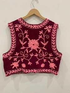 Embroidered <b>Velvet</b> Beaded Floral Pattern V-neck Single Button Closure Boho Vest Indian Ethnic Waistcoat Sleeveless <b>Jacket</b> Cotton - Product Image 2