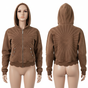 เสื้อฮู้ดดี้โอเวอร์ไซส์แบบครอป ผ้าเฟรนช์เทอร์รี่ ปักลาย สำหรับผู้หญิง ทรงไหล่ตก ซิปหน้า ล้างสีแบบแอซิดวอช - Product Image 1