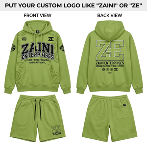 Ensemble court à capuche pour homme en molleton de coton et polyester 340 GSM, respirant, couleur unie, qualité supérieure, vert, streetwear, deux pièces, personnalisable - Product Image 1