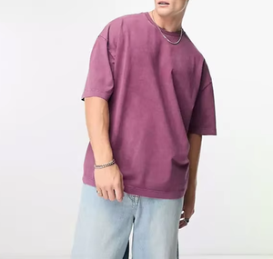 T-shirt pour homme, violet uni, surdimensionné, manches courtes, col rond, coton jersey, coupe classique, longueur normale, style streetwear - Product Image 2