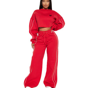 2 Piece Heavyweight Fleece Women's Tracksuit OEM Boxy Drop Shoulder Crop Pullover Solid Color Contrast Piping Women's Hoodies - Product Image 1