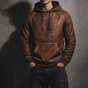 Sudadera con capucha personalizada de peso pesado con bordes doblados, estampado envejecido, corte desgastado, parche retro, estilo urbano para hombre. - Product Image 5