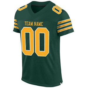 Custom Green Gold American Football Jersey V-Neck Short Sleeve Mesh Breathable 100% Polyester Sublimation Transfer Printed Front - Product Image 1