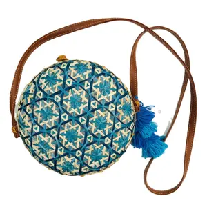 Nuevo artículo, bandolera redonda azul hecha a mano, bolso con asa de bambú para mujer, bolsos con asa de bambú - Product Image 1