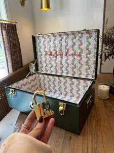 Light Sky Blue Metal <b>Storage</b> <b>Box</b> Rectangular Hinged Lid Classic Design With Gold Hardware Interior Patterned Lining - Product Image 4
