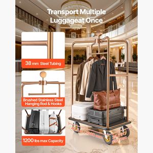 รถเข็นสัมภาระโรงแรมแบบหนัก 1200 ปอนด์ ทำจากสแตนเลส พร้อมล้อ 8 ล้อ ยางกันลื่น พื้นปูพรมสีดำ - Product Image 2