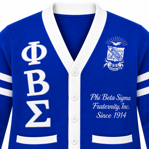 Cardigan en tricot pour homme Phi Beta Sigma bleu roi, avec broderie du blason 1914, boutonnage frontal, col en V, manches longues, lettres - Product Image 5