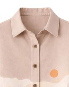 Customized Womens Beige Landscape Print Two Piece Co Ord Set <b>Short</b> Sleeve Button Shirt With <b>Wide</b> <b>Leg</b> Pants Casual Summer Wear - Product Image 5