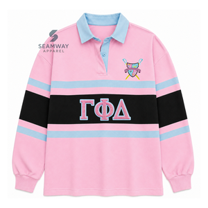 Camiseta de rugby extragrande para mujer Gamma Phi, con bloques de color, manga larga, cuello polo, letras griegas bordadas, estilo universitario. - Product Image 1