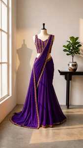 Sari indien élégant en soie crêpe violette, longueur ras du sol, séchage rapide, prêt-à-porter, avec chemisier, broderie dorée et travail de sequins - Product Image 4