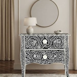 Modern Black and White Floral Wooden Nightstand <b>Side</b> <b>Table</b> Accent Chest of Drawers <b>Storage</b> Bedroom Furniture - Product Image 1