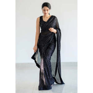 Sari de Fiesta para Mujer de Diseñador con Trabajo de Lentejuelas y Borde de Ribete - Product Image 1