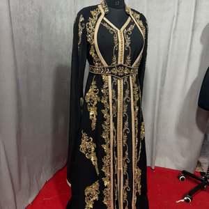 Robe de soirée élégante noire longue jusqu'au sol, brodée d'or, col en V, manches longues, en organza fait main, coupe fourreau, sur mesure, luxe, pour femme, taille XL - Product Image 4