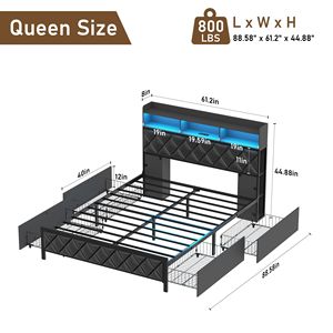 Lit plateforme rembourré Queen Size avec station de charge LED, tête de lit avec 4 tiroirs de rangement, cadre de lit robuste avec éclairage LED - Product Image 6