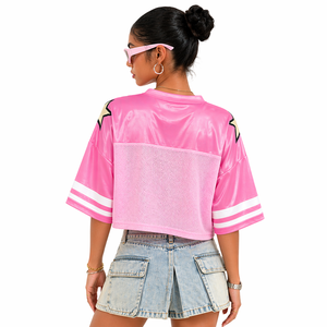 Camiseta de fútbol americano para mujer, top corto de malla rosa, ajuste holgado, manga corta, logotipo personalizado, uniforme de equipo, suministro OEM al por mayor - Product Image 3