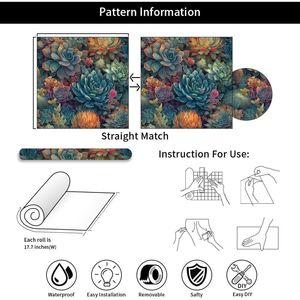 Papel Tapiz Autoadhesivo Vintage Colorido, Diseño de Plantas Suculentas y Flores en Verde/Rojo/Amarillo, Hoja Individual - Product Image 3