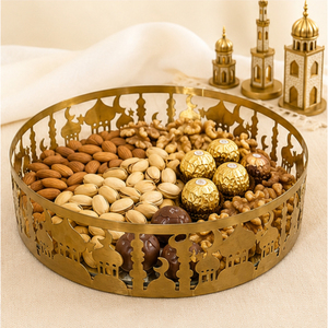 <b>Gold</b> Metal Ramadan <b>Serving</b> <b>Tray</b> with Mirrored Base Hollow Out Mosque Laser Cut Design Circular Eid Mubarak Dessert Pastry - Product Image 4