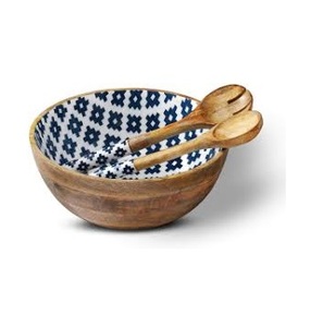 Handmade Mango Wood Salad Bowl <b>Set</b> with Enamel Inlay Geometric Printed Wooden Serving Bowls for Restaurant Hotel Wooden Bowl - Product Image 1