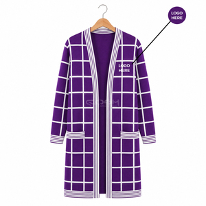 Cosh International Sorority Sisterhood Acrylic <b>Purple</b> Plaid Knitted Long <b>Cardigan</b> Anti Pilling Office <b>Cardigan</b> Design - Product Image 5