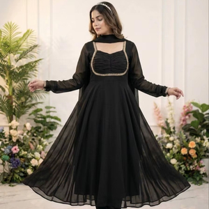 Luxury Fox Georgette Party Wear Gown Set with Dupatta & <b>Pant</b> | Heavy 9mm <b>Sequin</b> Zari Embroidery Wedding Dress for Women - Product Image 1