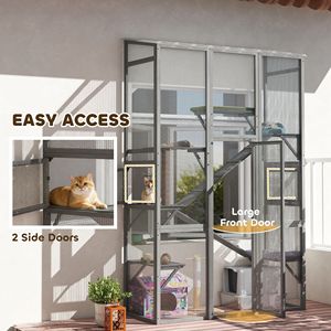 Grande Recinto per Gatti da Esterno per Patio, Casetta in Legno per Gatti con 6 Piattaforme per Saltare, Tiragraffi, 2 Rampe, Spazio per 2-3 Gattini - Product Image 6