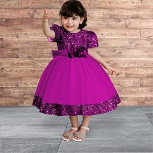 ชุดเดรสเด็กผู้หญิงสีม่วงประดับเลื่อมสำหรับงานแต่งงาน ชุดราตรีกำมะหยี่ปักลายหรูหราประดับโบว์ ชุดออกงานสำหรับเด็กเล็ก - Product Image 1