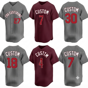 Baseball Jersey Burgundy Team Uniform Personalized <b>Athletic</b> Wear Grey Pinstripe Unisex V-neck 100% Cotton Anti-Bacterial Mesh - Product Image 2