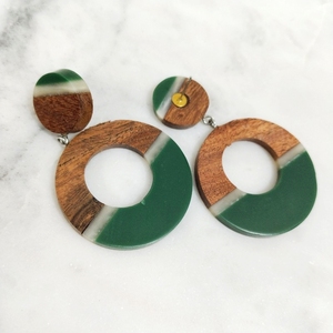 Handcrafted <b>Green</b> Epoxy Resin & Wood Hoop <b>Earrings</b> Nature Inspired Statement Jewelry - Product Image 4