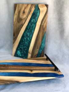 Handcrafted Ocean Blue <b>Epoxy</b> Resin Wooden Serving Tray with Durable Gold Metal Handles for Kitchen, <b>Coffee</b> <b>Table</b> & Gift Giving - Product Image 2