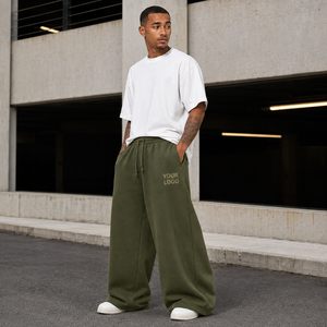 Pantalon de survêtement pour homme à coupe ample et jambe large, respirant, écologique, avec logo personnalisé imprimé par transfert thermique, fermeture à cordon, tissu épais - Product Image 1